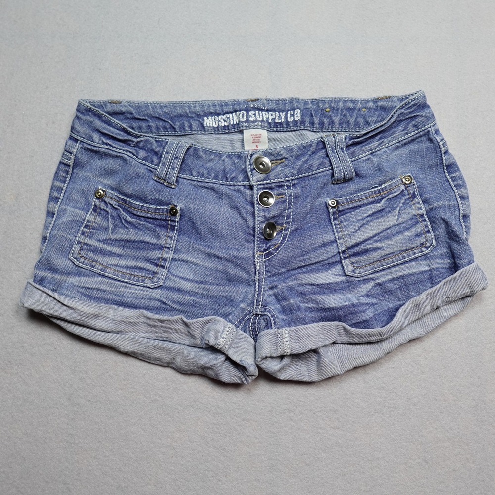 Mossimo Denim Shorts Womens 5 Blue mini Cuffed Low Rise Button Fly Casual
